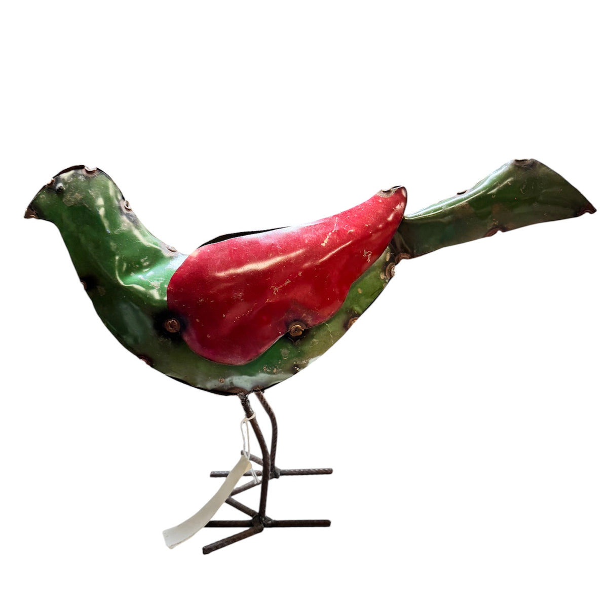 Green & Red Metal Garden Bird – Whimsical Outdoor Decor