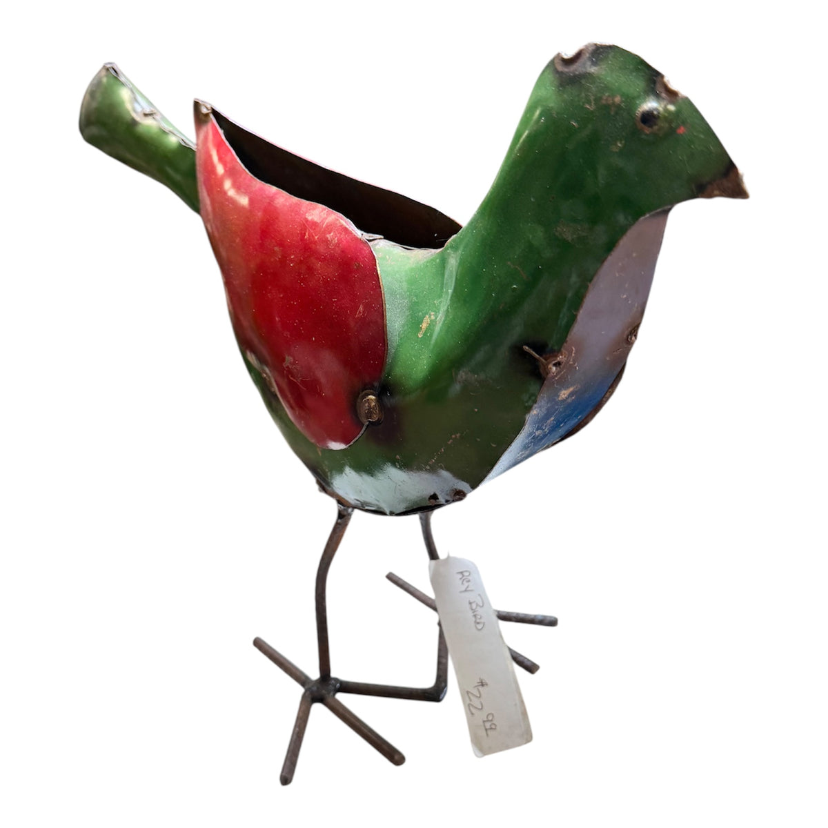Green & Red Metal Garden Bird – Whimsical Outdoor Decor