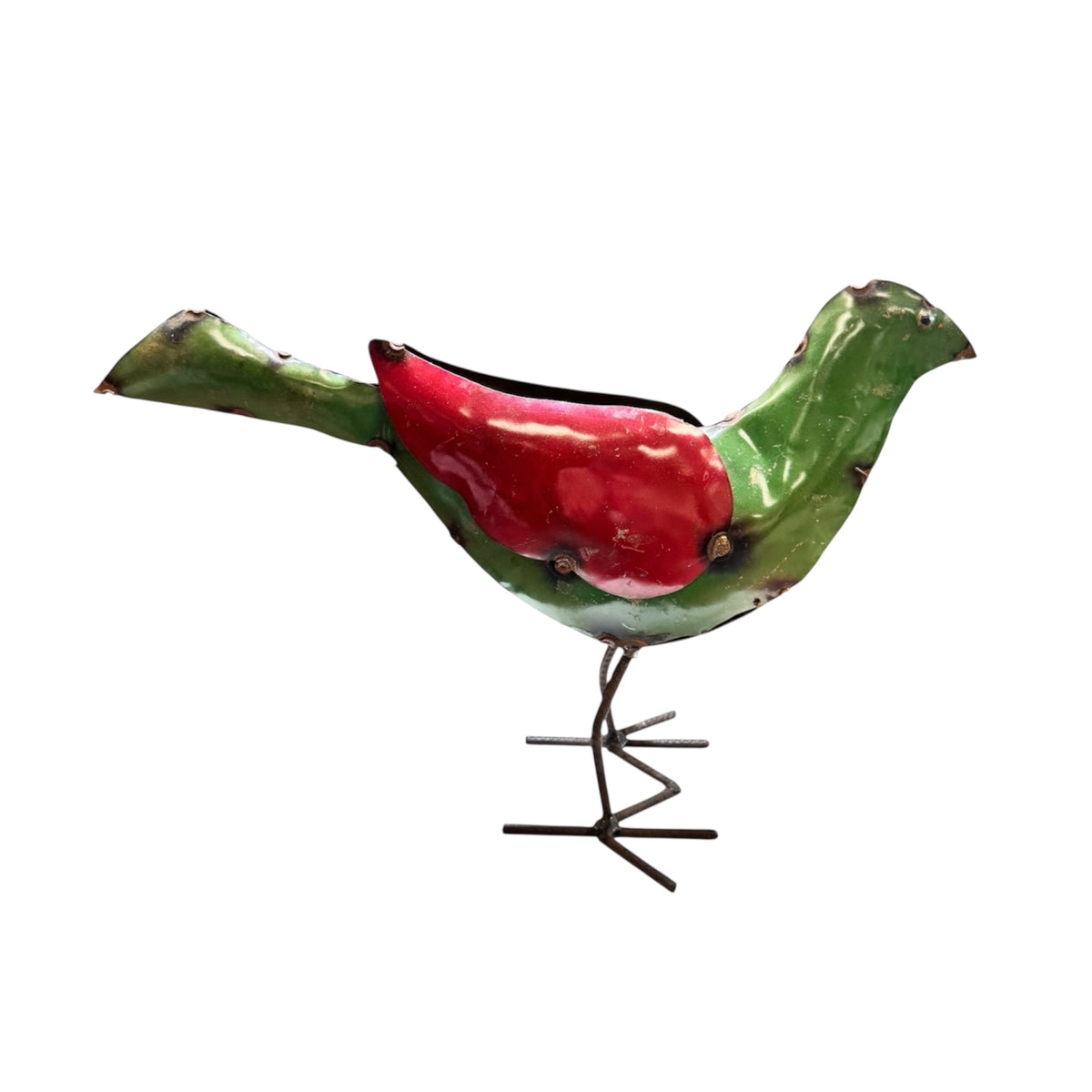 Green & Red Metal Garden Bird – Whimsical Outdoor Decor