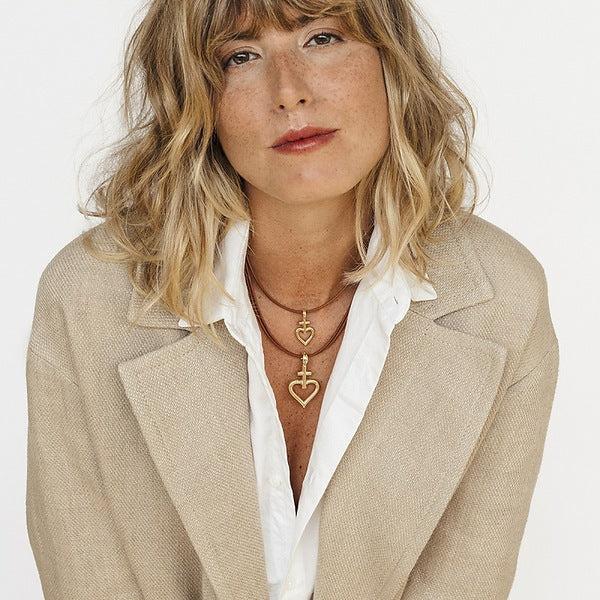 Cross Heart Necklace with Leather Cord - Gold