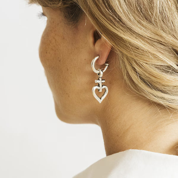 Cross Heart Hoop Earrings - Silver