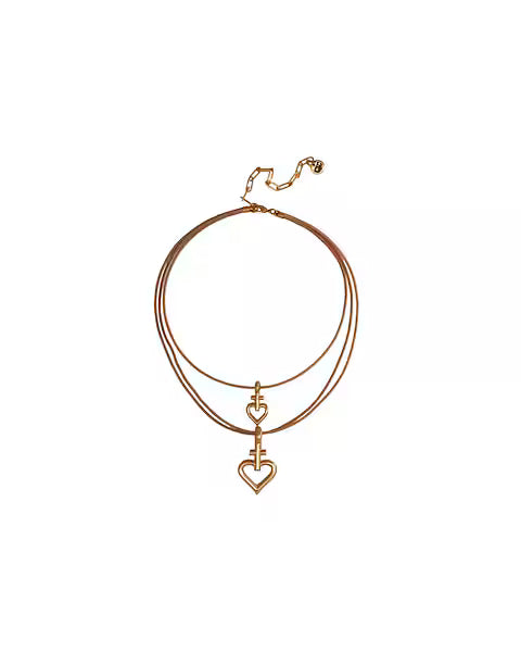 Cross Heart Necklace with Leather Cord - Gold